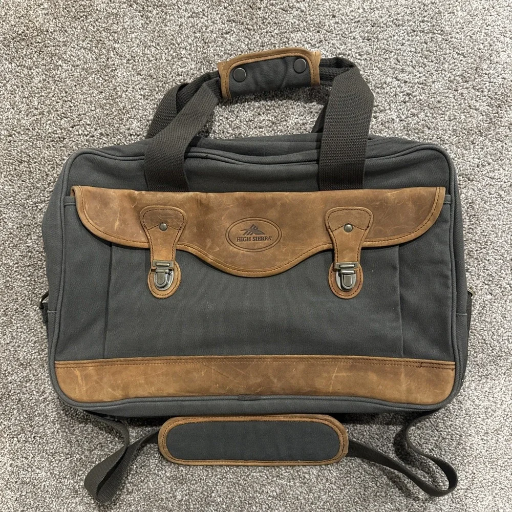 Vintage High Sierra Canvas Leather Trim Messenger Bag Brown Brass Buckles